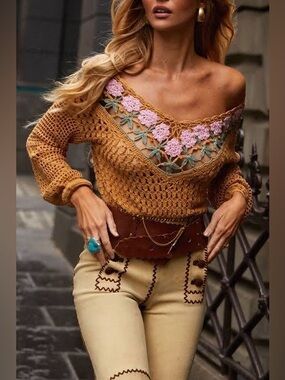Chasing Unicorns Mustard Crochet Off-Shoulder Sweater with Pink Floral Trim